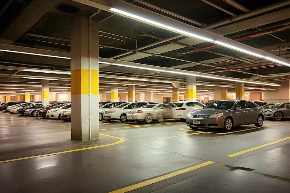 Cars moving through a well-lit parking garage